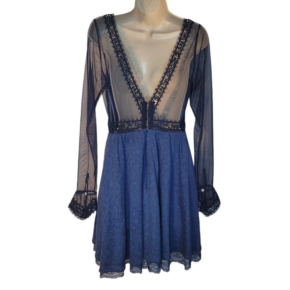 Free People Blue Lace Victorian Fit-and-Flare Dress with Sheer Sleeves - Picture 4 of 14